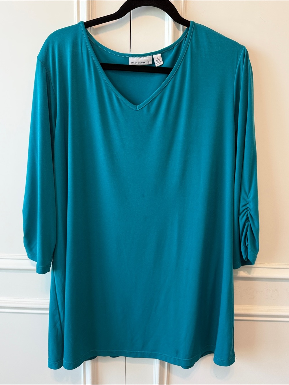 Susan Graver Teal V-Neck 3/4 Sleeve Top with Ruched Sleeves